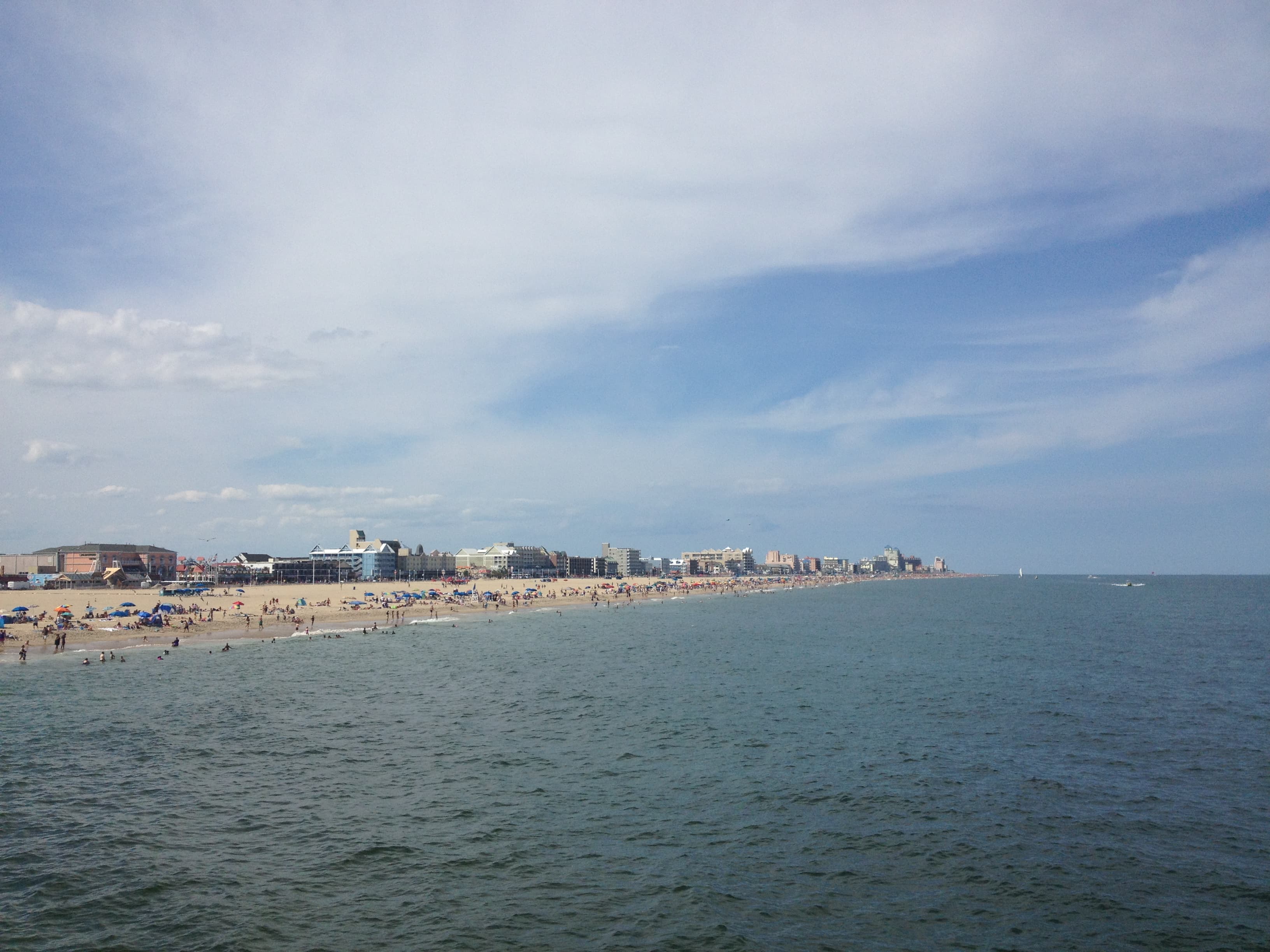 Modern view north from the Ocean City pier across the broad beach and Boardwalk hotels.
