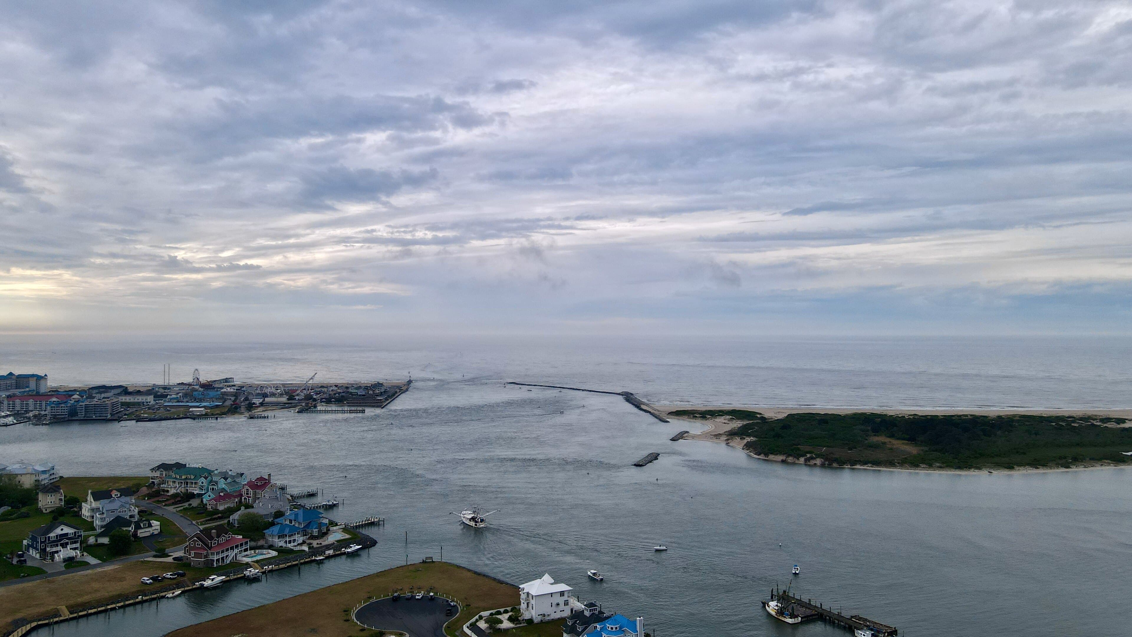 Elevated view across Sinepuxent Bay toward the Ocean City Inlet and Atlantic Ocean.